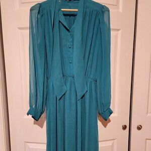 VINTAGE Turquoise Chiffon Tie Neck Dress SM